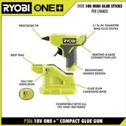 Ryobi ONE+ 18V Cordless Compact Glue Gun Kit With 2.0 Ah Battery, 18V Charger, And 24-Pack 5/16 In. X 6 In. Mini Glue Sticks -RYOBI TOOLS SALE ryobi adhesives tape p306 psk005 a1932401 40 1000