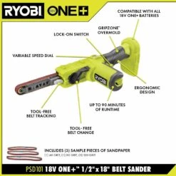 Ryobi ONE+ 18V Cordless 1/2 In. X 18 In. Belt Sander With 2.0 Ah Battery And Charger Kit -RYOBI TOOLS SALE ryobi belt sanders psd101b psk005 40 1000