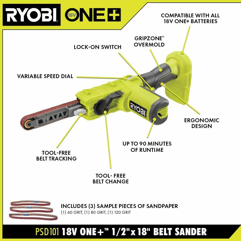 Ryobi ONE+ 18V Lithium-Ion 4.0 Ah Compact Battery (2-Pack) And Charger Kit With 1/2 In. X 18 In. Belt Sander 2 Ryobi ONE+ 18V Lithium-Ion 4.0 Ah Compact Battery (2-Pack) And Charger Kit With 1/2 In. X 18 In. Belt Sander - Image 2