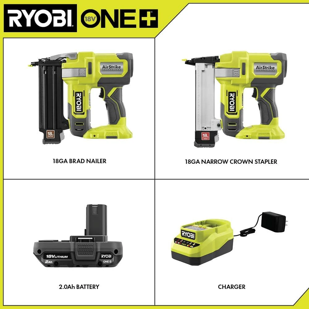 Ryobi ONE+ 18V Cordless 18-Gauge Brad Nailer With 18-Gauge Narrow Crown Stapler, 2.0 Ah Battery, And Charger 2 Ryobi ONE+ 18V Cordless 18-Gauge Brad Nailer With 18-Gauge Narrow Crown Stapler, 2.0 Ah Battery, And Charger - Image 2
