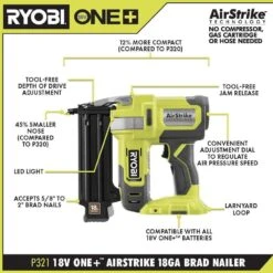 Ryobi ONE+ 18V 18-Gauge Cordless AirStrike Brad Nailer With Cordless Corner Cat Finish Sander -RYOBI TOOLS SALE ryobi brad nailers p321 pcl416b a0 1000