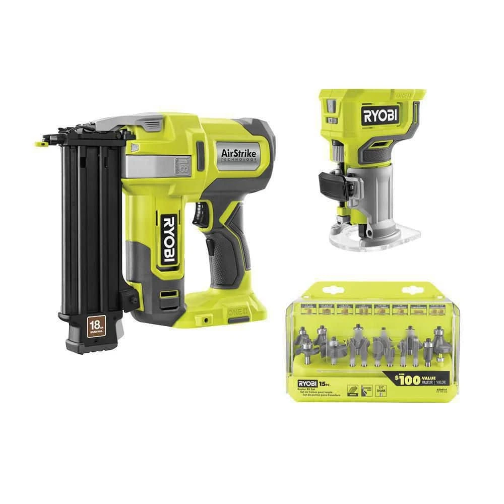 Ryobi ONE+ 18V 18-Gauge Cordless AirStrike Brad Nailer W/ Compact Router (Tools Only) & 15-Piece Shank Carbide Router Bit Set 14 Ryobi ONE+ 18V 18-Gauge Cordless AirStrike Brad Nailer W/ Compact Router (Tools Only) & 15-Piece Shank Carbide Router Bit Set - Image 14