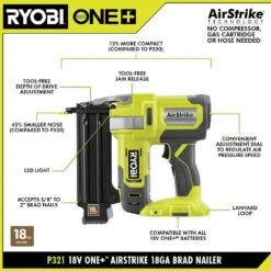 Ryobi ONE+ 18V 18-Gauge Cordless AirStrike Brad Nailer With 4.0 Ah Battery And Charger -RYOBI TOOLS SALE ryobi brad nailers p321k1 40 1000