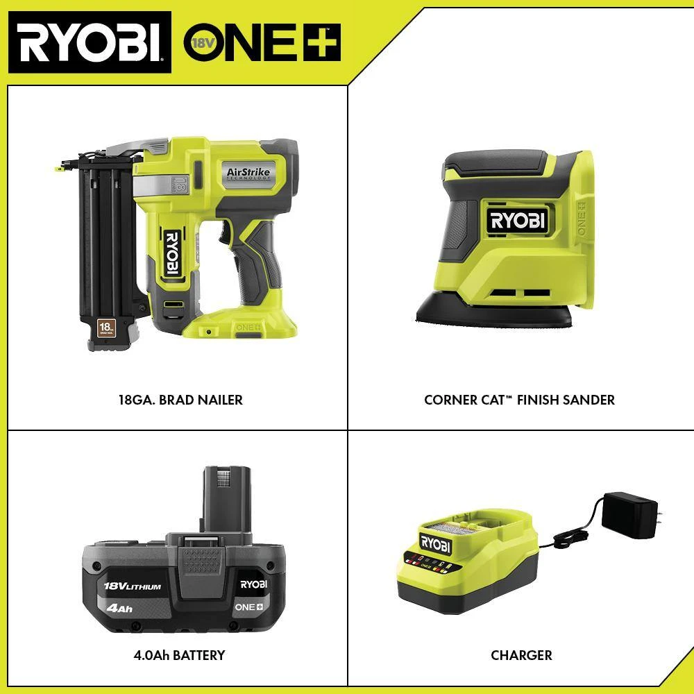 Ryobi ONE+ 18V 18-Gauge Cordless AirStrike Brad Nailer With Cordless Corner Cat Finish Sander, 4.0 Ah Battery, Charger 2 Ryobi ONE+ 18V 18-Gauge Cordless AirStrike Brad Nailer With Cordless Corner Cat Finish Sander, 4.0 Ah Battery, Charger - Image 2