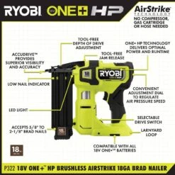 Ryobi ONE+ HP 18V 18-Gauge Brushless Cordless AirStrike Brad Nailer With ONE+ HP Brushless 7-1/4 In. Circular Saw (Tools Only) -RYOBI TOOLS SALE ryobi brad nailers p322 pblcs300b 40 1000