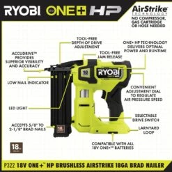 Ryobi ONE+ HP 18V 18-Gauge Brushless Cordless AirStrike Brad Nailer With ONE+ HP 18V Brushless Cordless Jig Saw (Tools Only) -RYOBI TOOLS SALE ryobi brad nailers p322 pbljs01b 40 1000