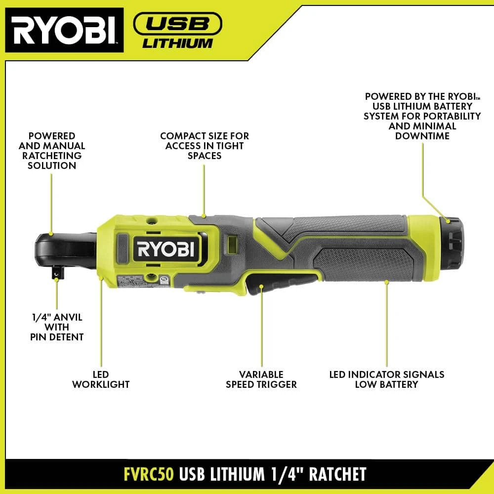 Ryobi USB Lithium 1/4 In. Ratchet Kit With 2.0 Ah Battery And USB Charging Cable 3 Ryobi USB Lithium 1/4 In. Ratchet Kit With 2.0 Ah Battery And USB Charging Cable - Image 3