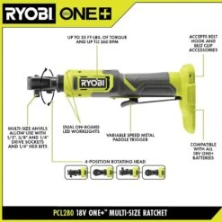 Ryobi ONE+ 18V Cordless Multi Size Ratchet (Tool Only) -RYOBI TOOLS SALE ryobi cordless ratchets pcl280b 40 1000