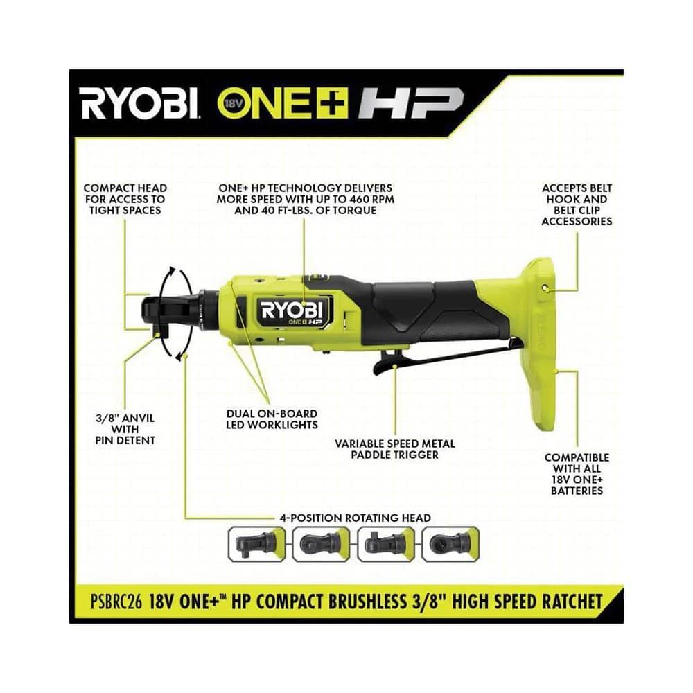 Ryobi ONE+ HP 18V Brushless Cordless Compact 3/8 In. Ratchet Kit With (1) 2.0 Ah Battery, (2) 4.0 Ah Batteries, And Charger 3 Ryobi ONE+ HP 18V Brushless Cordless Compact 3/8 In. Ratchet Kit With (1) 2.0 Ah Battery, (2) 4.0 Ah Batteries, And Charger - Image 3
