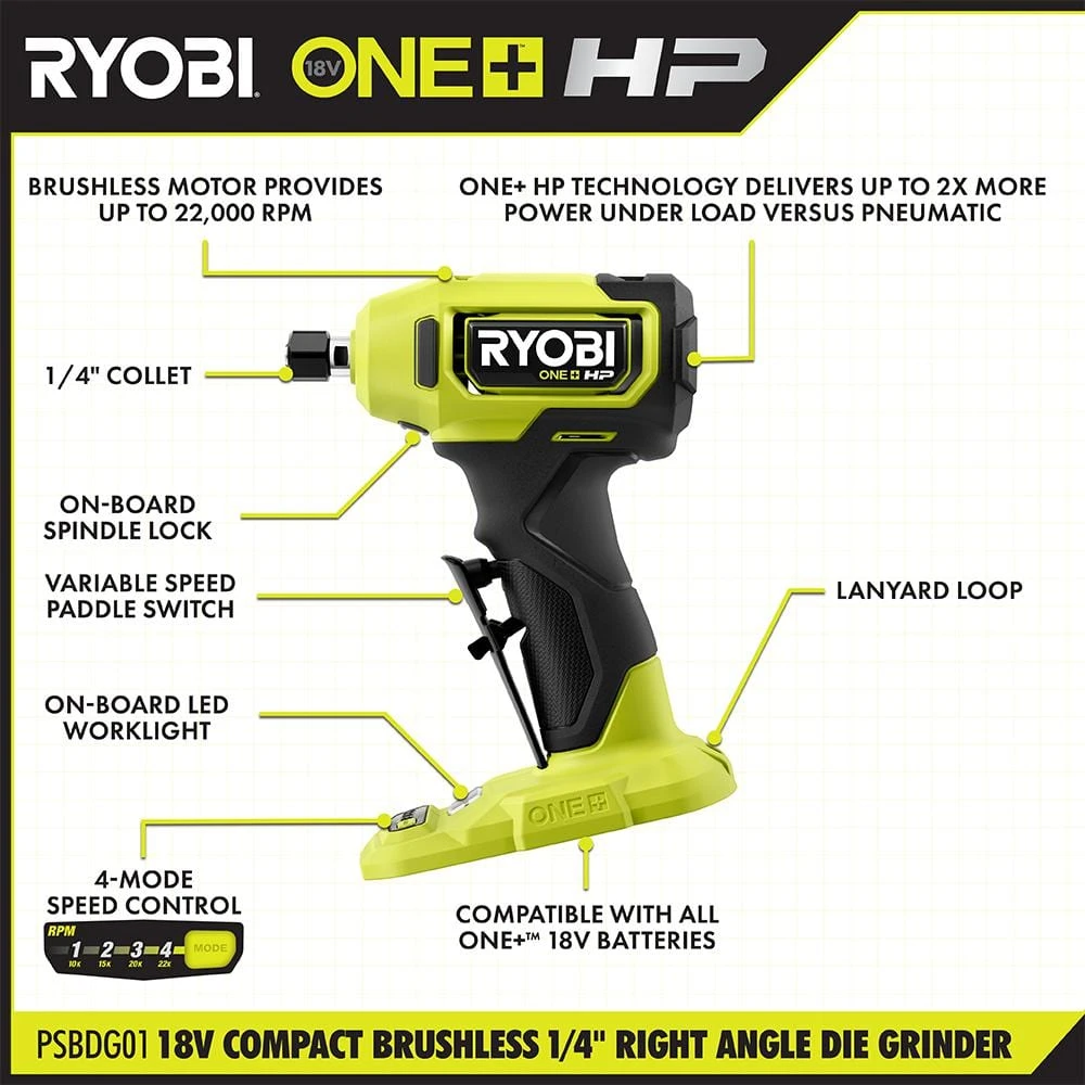 Ryobi ONE+ HP 18V Brushless Cordless Compact 1/4 In. Right Angle Die Grinder (Tool Only) 2 Ryobi ONE+ HP 18V Brushless Cordless Compact 1/4 In. Right Angle Die Grinder (Tool Only) - Image 2