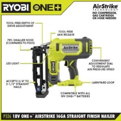 Ryobi ONE+ 18V 16-Gauge Cordless AirStrike Finish Nailer With 2.0 Ah Battery -RYOBI TOOLS SALE ryobi finishing nailers p326 pbp006 40 1000