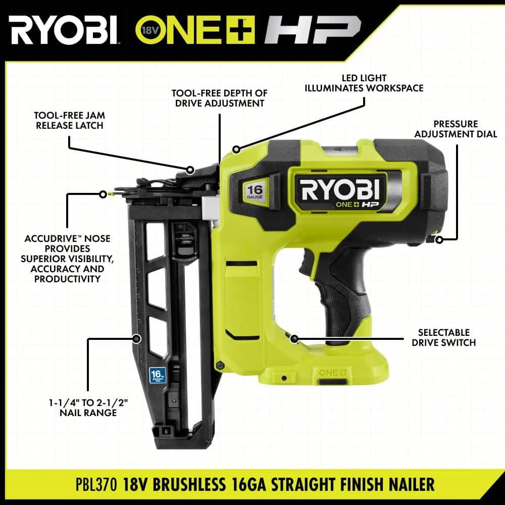 Ryobi ONE+ HP 18V Brushless Cordless 16-Gauge Straight Finish Nailer (Tool Only) 3 Ryobi ONE+ HP 18V Brushless Cordless 16-Gauge Straight Finish Nailer (Tool Only) - Image 3