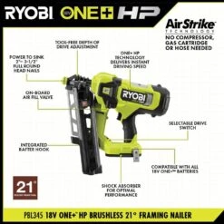 Ryobi ONE+ HP 18V Brushless Cordless AirStrike 21° Framing Nailer Kit W/ 4Ah Battery, Charger & 21° Extended Capacity Magazine 15 Ryobi ONE+ HP 18V Brushless Cordless AirStrike 21° Framing Nailer Kit W/ 4Ah Battery, Charger & 21° Extended Capacity Magazine -RYOBI TOOLS SALE ryobi framing nailers pbl345k a102em211 40 1000