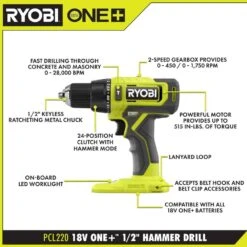 Ryobi ONE+ 18V Cordless 1/2 In. Hammer Drill Kit With 1.5 Ah Battery And Charger -RYOBI TOOLS SALE ryobi hammer drills pcl220k1 40 1000
