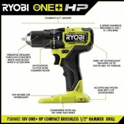 Ryobi ONE+ HP 18V Brushless Cordless Compact 1/2 In. Hammer Drill/Driver (Tool Only) 16 Ryobi ONE+ HP 18V Brushless Cordless Compact 1/2 In. Hammer Drill/Driver (Tool Only) -RYOBI TOOLS SALE ryobi hammer drills psbhm02b 40 1000