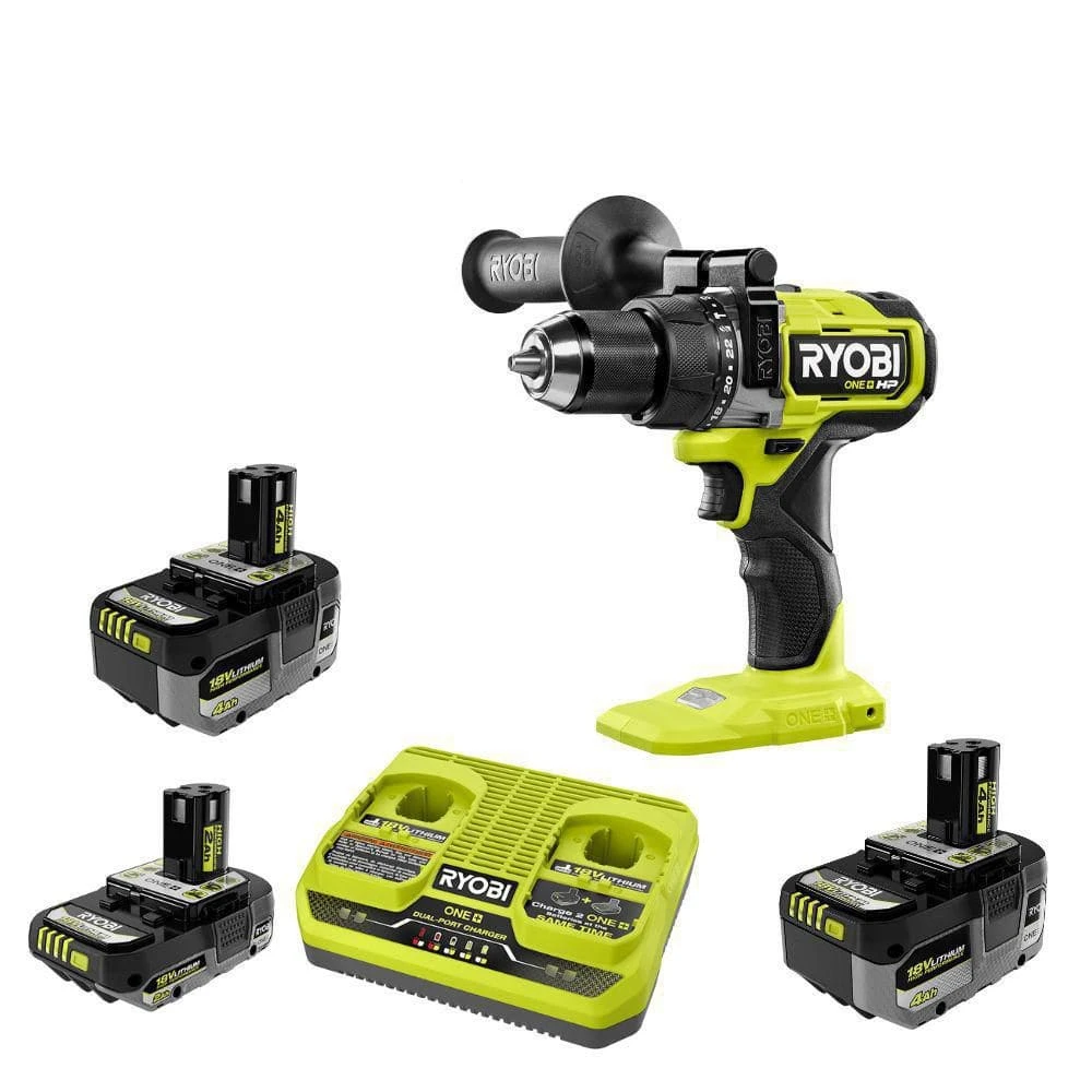 Ryobi ONE+ 18V HIGH PERFORMANCE Kit W/ (2) 4.0 Ah Batteries, 2.0 Ah Battery, 2-Port Charger, & ONE+ HP Brushless Hammer Drill 1 Ryobi ONE+ 18V HIGH PERFORMANCE Kit W/ (2) 4.0 Ah Batteries, 2.0 Ah Battery, 2-Port Charger, & ONE+ HP Brushless Hammer Drill