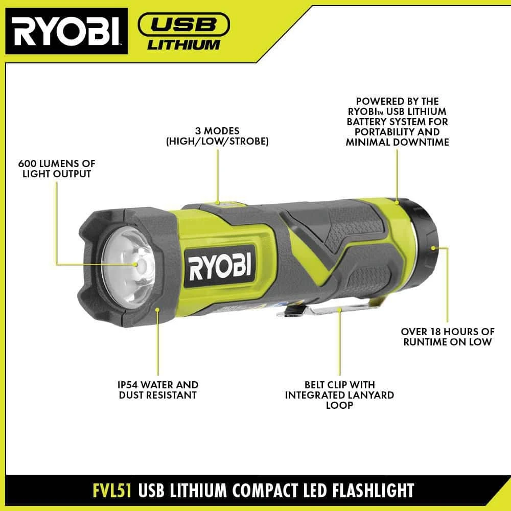 Ryobi USB Lithium Compact Flashlight Kit With FREE 2.0Ah USB Lithium Battery 3 Ryobi USB Lithium Compact Flashlight Kit With FREE 2.0Ah USB Lithium Battery - Image 3