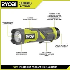 Ryobi USB Lithium LED Compact Flashlight And Compact Area Light Kit With (2) Batteries And Charging Cables -RYOBI TOOLS SALE ryobi handheld flashlights fvl51k fvl59k 40 1000