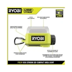 Ryobi USB Lithium LED Compact Flashlight And Compact Area Light Kit With (2) Batteries And Charging Cables -RYOBI TOOLS SALE ryobi handheld flashlights fvl51k fvl59k c3 1000