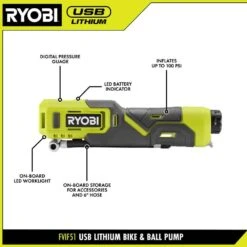 Ryobi USB Lithium LED Compact Flashlight And Cordless High Pressure Portable Inflator Kit W/ (2) Batteries And Charging Cables -RYOBI TOOLS SALE ryobi handheld flashlights fvl54k fvif51k c3 1000