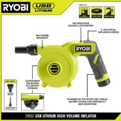 Ryobi USB Lithium LED Compact Flashlight And Cordless High Volume Inflator Kit With (2) Batteries And Charging Cables -RYOBI TOOLS SALE ryobi handheld flashlights fvl54k fvif61k c3 1000