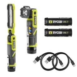 Ryobi USB Lithium Cordless Inspection Flashlight And Pivoting Head Flashlight Kit With (2) Batteries And Charging Cables
