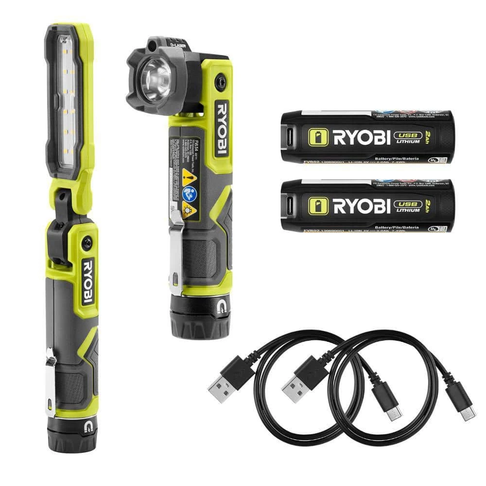 Ryobi USB Lithium Cordless Inspection Flashlight And Pivoting Head Flashlight Kit With (2) Batteries And Charging Cables 1 Ryobi USB Lithium Cordless Inspection Flashlight And Pivoting Head Flashlight Kit With (2) Batteries And Charging Cables
