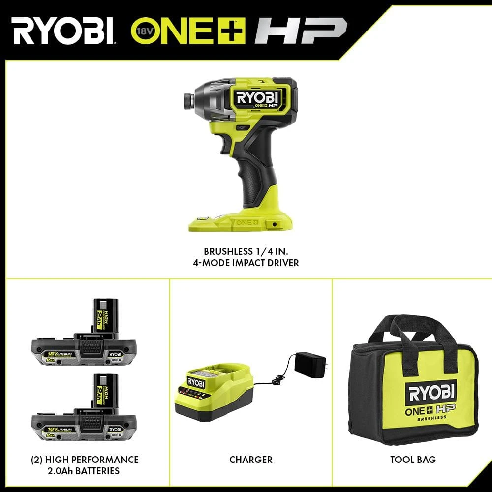 Ryobi ONE+ HP 18V Brushless Cordless 1/4 In. 4-Mode Impact Driver Kit W/(2) 2.0 Ah HIGH PERFORMANCE Battery, Charger, Bag 2 Ryobi ONE+ HP 18V Brushless Cordless 1/4 In. 4-Mode Impact Driver Kit W/(2) 2.0 Ah HIGH PERFORMANCE Battery, Charger, Bag - Image 2