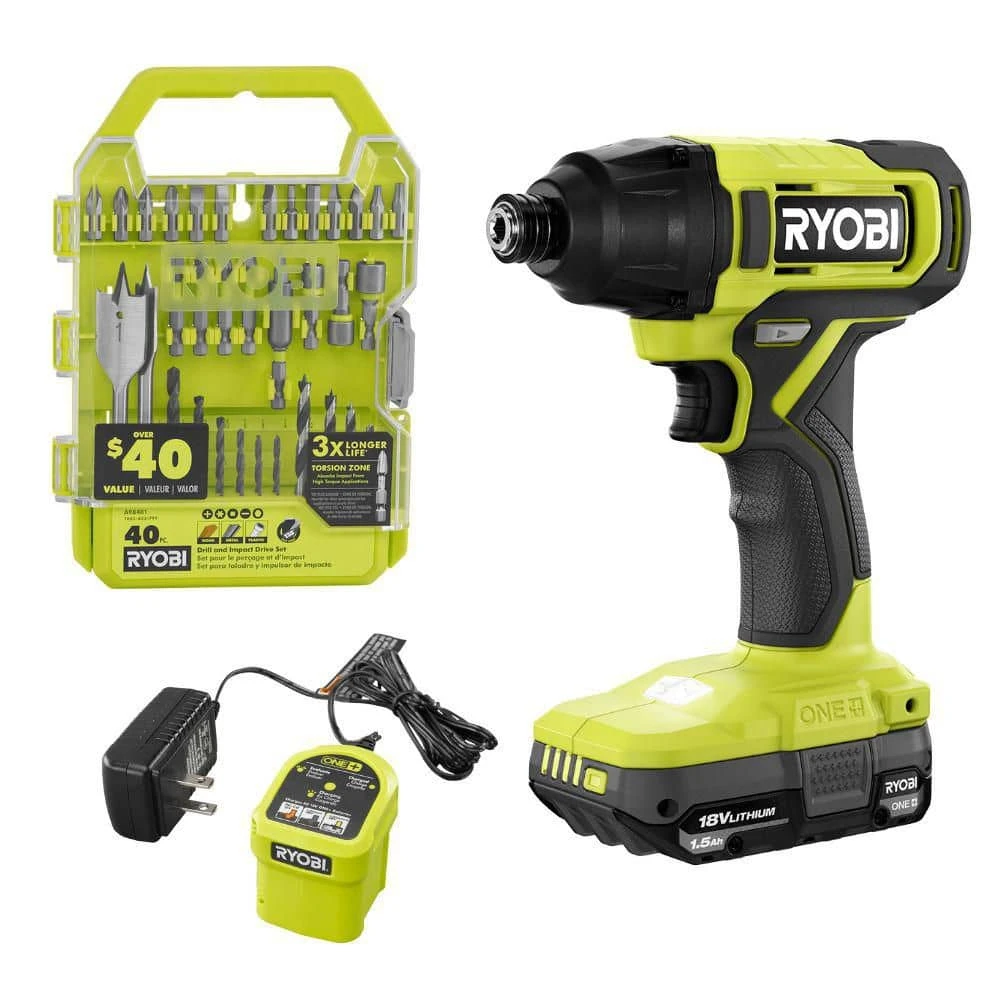 Ryobi ONE+ 18V Cordless 1/4 In. Impact Driver Kit With 1.5 Ah Battery, Charger, And Drill And Impact Drive Kit (40-Piece) 1 Ryobi ONE+ 18V Cordless 1/4 In. Impact Driver Kit With 1.5 Ah Battery, Charger, And Drill And Impact Drive Kit (40-Piece)