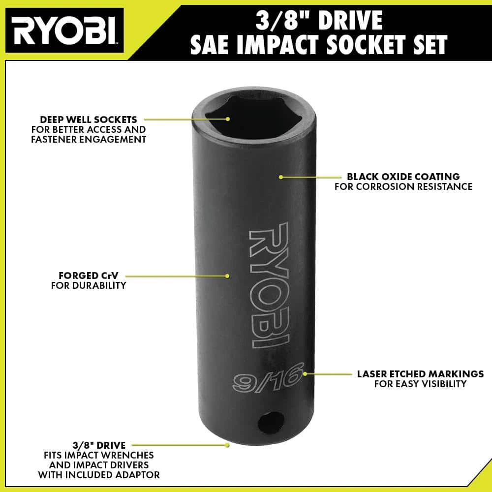 Ryobi 3/8 In. Drive SAE Impact Socket Set (4-Piece) 3 Ryobi 3/8 In. Drive SAE Impact Socket Set (4-Piece) - Image 3
