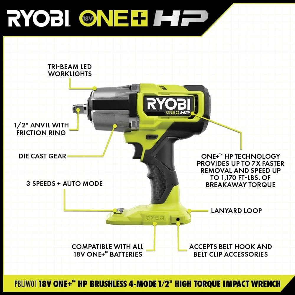 Ryobi ONE+ 18V Brushless Cordless 4-Mode 1/2 In. High Torque Impact Wrench Kit With 4.0 Battery And Charger 3 Ryobi ONE+ 18V Brushless Cordless 4-Mode 1/2 In. High Torque Impact Wrench Kit With 4.0 Battery And Charger - Image 3