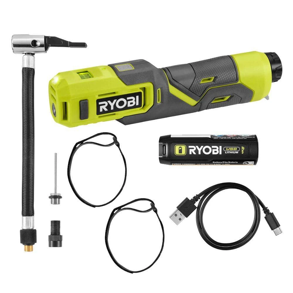 Ryobi USB Lithium Cordless Bike And Ball Pump Inflator Kit With 2.0 Ah USB Lithium Battery And Charging Cable 1 Ryobi USB Lithium Cordless Bike And Ball Pump Inflator Kit With 2.0 Ah USB Lithium Battery And Charging Cable