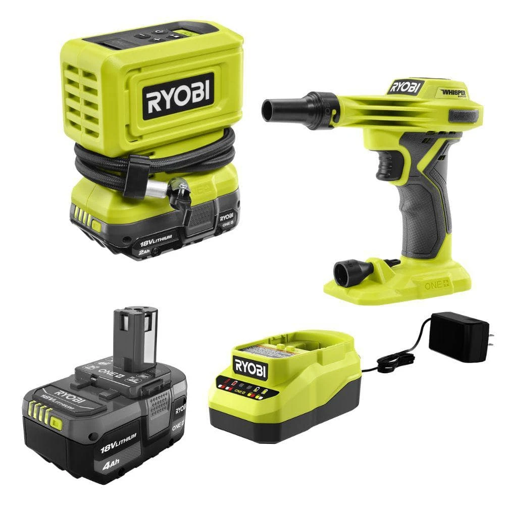 Ryobi ONE+ 18V Cordless High Pressure Inflator With High Volume Inflator, 4.0 And 2.0 Ah Batteries, And Charger 1 Ryobi ONE+ 18V Cordless High Pressure Inflator With High Volume Inflator, 4.0 And 2.0 Ah Batteries, And Charger