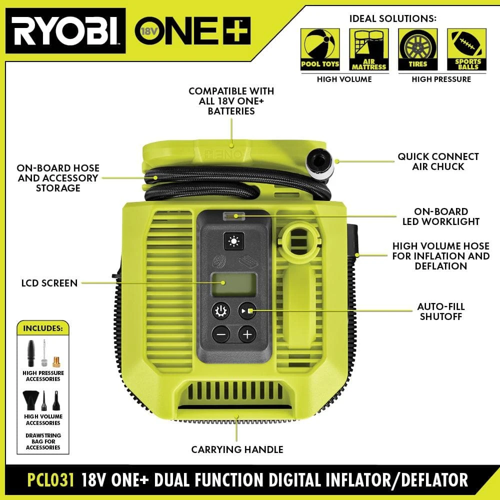 Ryobi ONE+ 18V Cordless Dual Function Inflator/Deflator With Compression Drive Cordless 3/8 In. Crown Stapler (Tools Only) 2 Ryobi ONE+ 18V Cordless Dual Function Inflator/Deflator With Compression Drive Cordless 3/8 In. Crown Stapler (Tools Only) - Image 2