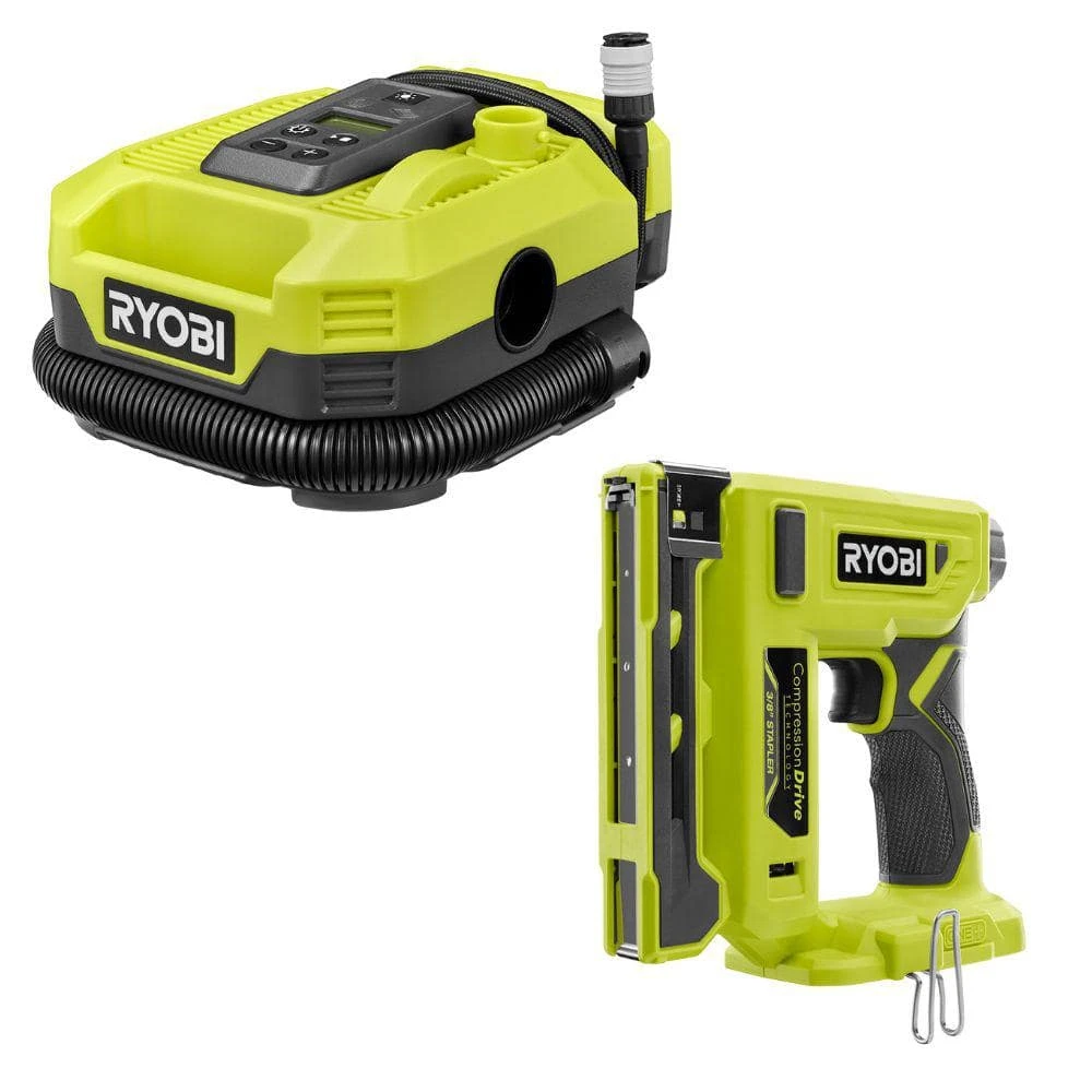 Ryobi ONE+ 18V Cordless Dual Function Inflator/Deflator With Compression Drive Cordless 3/8 In. Crown Stapler (Tools Only) 1 Ryobi ONE+ 18V Cordless Dual Function Inflator/Deflator With Compression Drive Cordless 3/8 In. Crown Stapler (Tools Only)