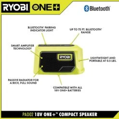 Ryobi ONE+ 18V Cordless Compact Bluetooth Speaker (Tool Only) -RYOBI TOOLS SALE ryobi jobsite audio pad02b 40 1000