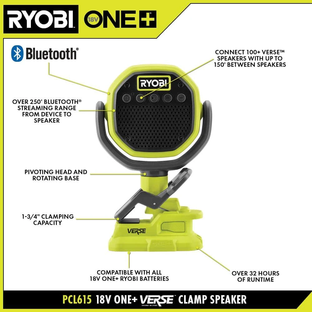 Ryobi ONE+ 18V Cordless VERSE Clamp Speaker (2-Pack) With 6.0 Ah HIGH PERFORMANCE Battery (2-Pack) 3 Ryobi ONE+ 18V Cordless VERSE Clamp Speaker (2-Pack) With 6.0 Ah HIGH PERFORMANCE Battery (2-Pack) - Image 3