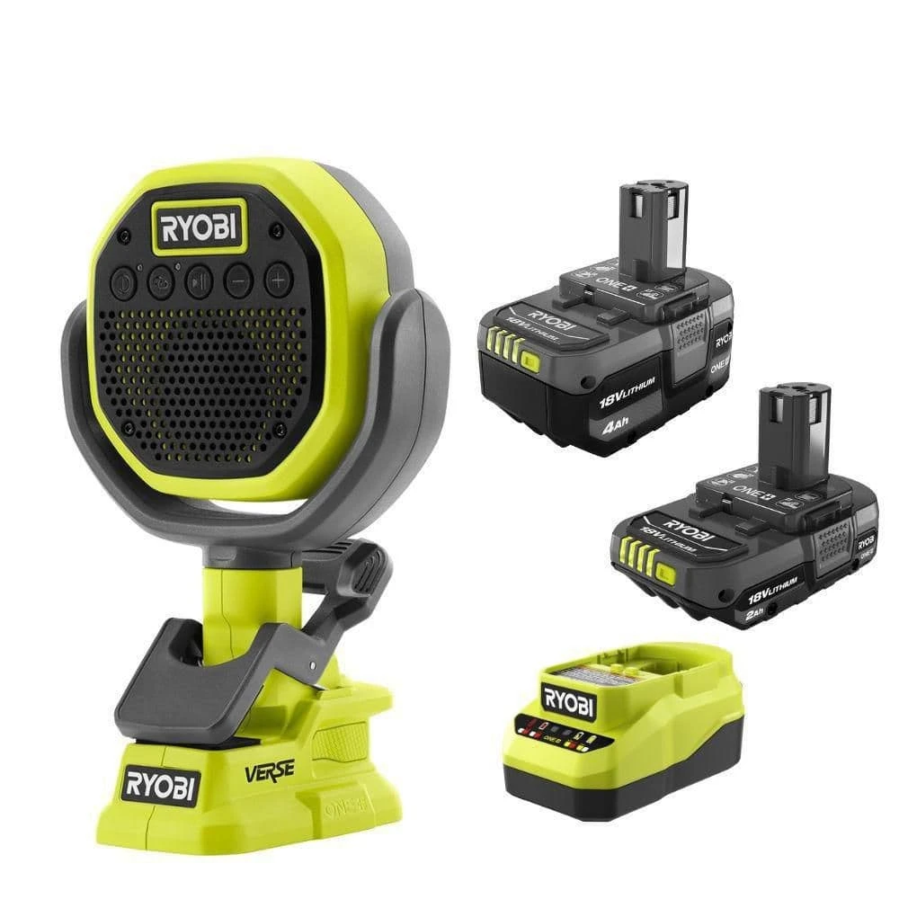 Ryobi ONE+ 18V Lithium-Ion 4.0 Ah Battery, 2.0 Ah Battery, And Charger Kit With ONE+ Cordless VERSE Clamp Speaker 1 Ryobi ONE+ 18V Lithium-Ion 4.0 Ah Battery, 2.0 Ah Battery, And Charger Kit With ONE+ Cordless VERSE Clamp Speaker