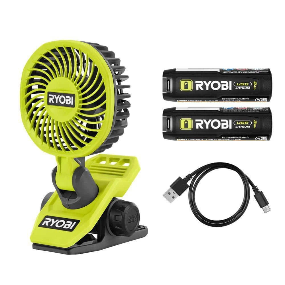 Ryobi USB Lithium Clamp Fan Kit With 2.0 Ah USB Lithium Battery, Charging Cable, And Extra USB Lithium 3.0 Ah Battery 1 Ryobi USB Lithium Clamp Fan Kit With 2.0 Ah USB Lithium Battery, Charging Cable, And Extra USB Lithium 3.0 Ah Battery