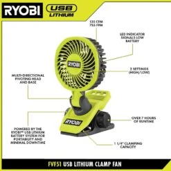 Ryobi USB Lithium Clamp Fan Kit 2-Pack With (2) 2.0 Ah USB Lithium Batteries And Charging Cable -RYOBI TOOLS SALE ryobi jobsite fans fvf51k2sb 40 1000