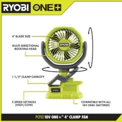 Ryobi ONE+ 18V Cordless 4 In. Clamp Fan Kit With 1.5 Ah Battery And Charger -RYOBI TOOLS SALE ryobi jobsite fans pcf02kn 40 1000