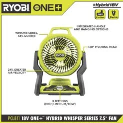 Ryobi ONE+ 18V Cordless Hybrid WHISPER SERIES 7-1/2 In. Fan With 2.0 Ah Battery And Charger Kit -RYOBI TOOLS SALE ryobi jobsite fans pcl811b psk005 40 1000