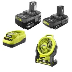 Ryobi ONE+ 18V Lithium-Ion 4.0 Ah Battery, 2.0 Ah Battery, And Charger Kit With ONE+ Hybrid WHISPER SERIES 7-1/2 In. Fan