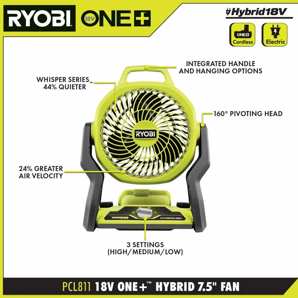 Ryobi ONE+ 18V Cordless Hybrid WHISPER SERIES 7-1/2 In. Fan Kit With 2.0 Ah Battery And Charger 3 Ryobi ONE+ 18V Cordless Hybrid WHISPER SERIES 7-1/2 In. Fan Kit With 2.0 Ah Battery And Charger - Image 3