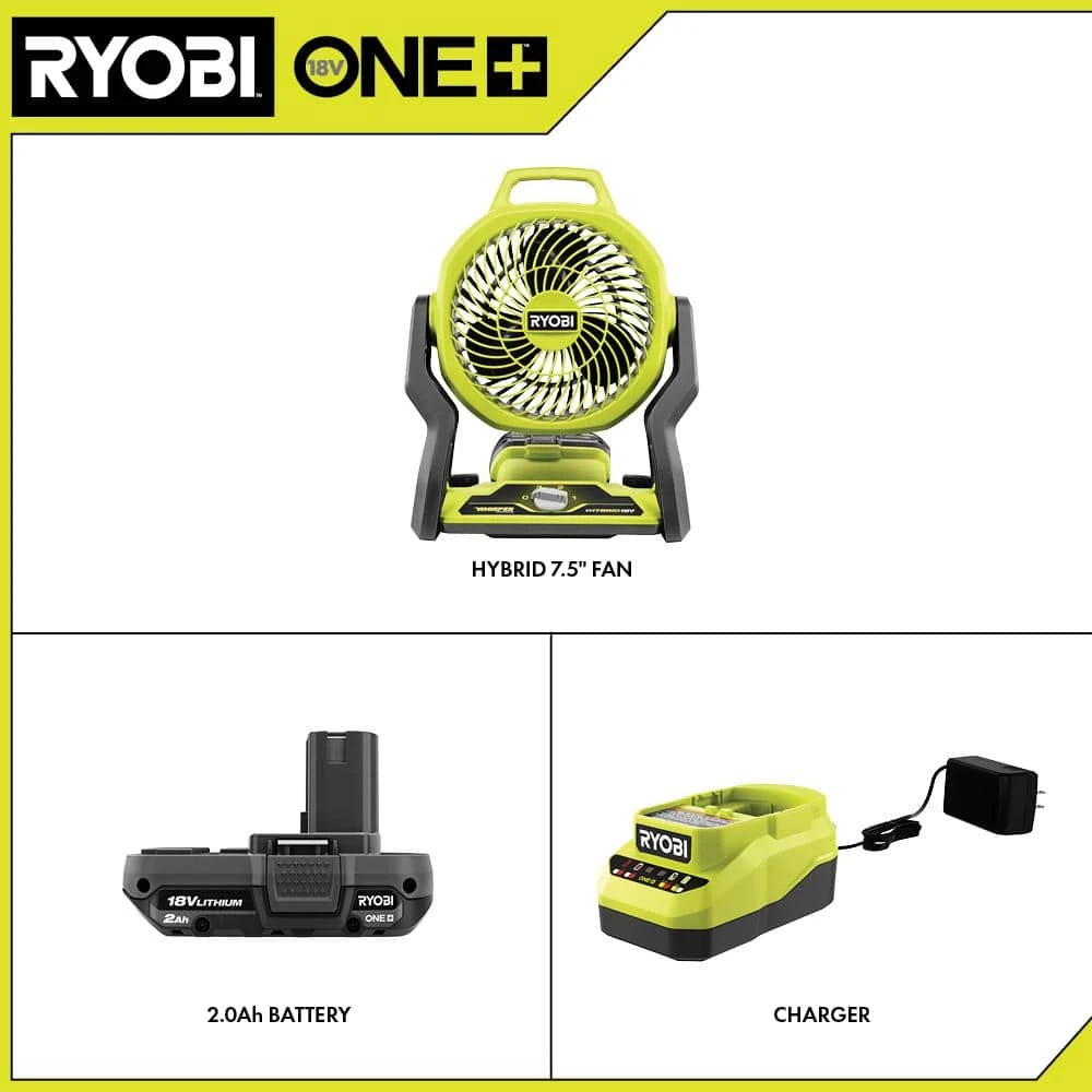 Ryobi ONE+ 18V Cordless Hybrid WHISPER SERIES 7-1/2 In. Fan Kit With 2.0 Ah Battery And Charger 2 Ryobi ONE+ 18V Cordless Hybrid WHISPER SERIES 7-1/2 In. Fan Kit With 2.0 Ah Battery And Charger - Image 2