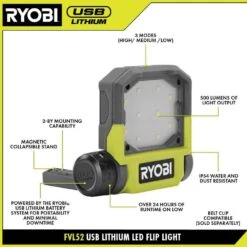 Ryobi 500 Lumens LED USB Lithium Pivoting Flip Light Kit 3-Mode With Battery And Charging Cable (2-Pack) -RYOBI TOOLS SALE ryobi jobsite lighting fvl52k fvl52k 40 1000