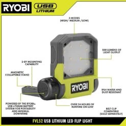 Ryobi USB Lithium Cordless Pivoting LED 3-Mode Flip Light And Pivoting Head Flashlight Kit W/ (2) Batteries & Charging Cables -RYOBI TOOLS SALE ryobi jobsite lighting fvl52k fvl54k 40 1000