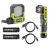 Ryobi USB Lithium Cordless Pivoting LED 3-Mode Flip Light And Pivoting Head Flashlight Kit W/ (2) Batteries & Charging Cables