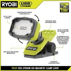 Ryobi USB Lithium Magnetic Clamp Light Kit W/ 2.0 Ah Battery, Charging Cable, & USB Lithium 2.0 Ah Rechargeable Battery -RYOBI TOOLS SALE ryobi jobsite lighting fvl57k fvb02 40 1000