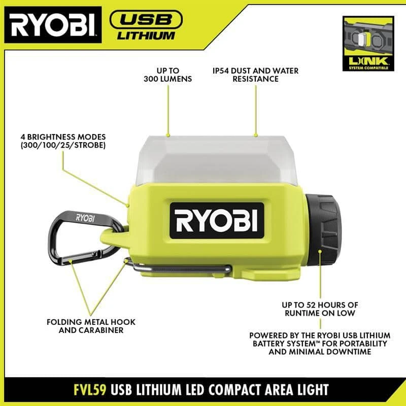 Ryobi USB Lithium Compact Cordless Area Light Kit With 2.0 Ah USB Battery, Charging Cable, And USB Lithium 2.0 Ah Battery 3 Ryobi USB Lithium Compact Cordless Area Light Kit With 2.0 Ah USB Battery, Charging Cable, And USB Lithium 2.0 Ah Battery - Image 3